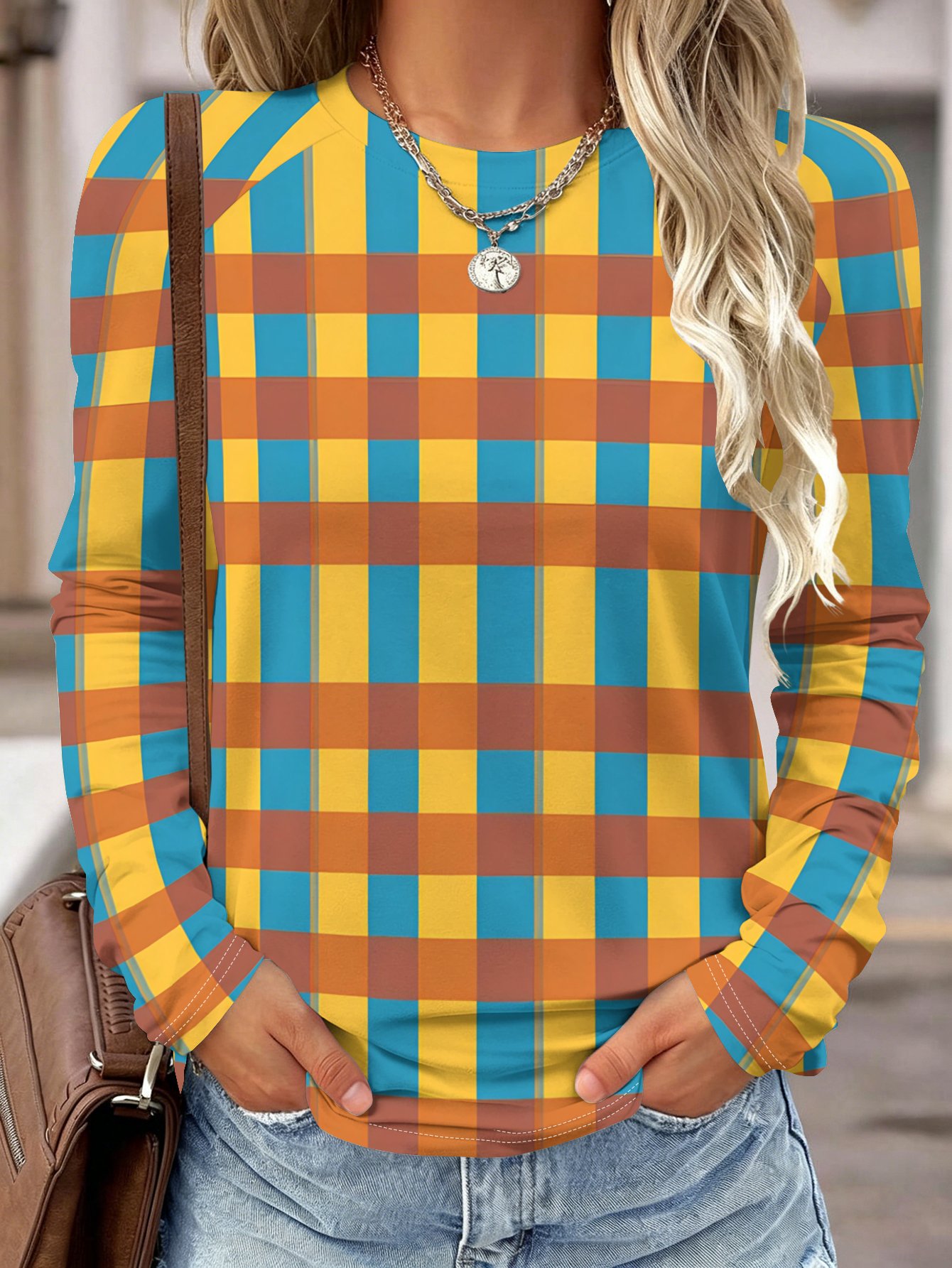 Wallpaper - Women Long Sleeve Shirt Yellow Blue